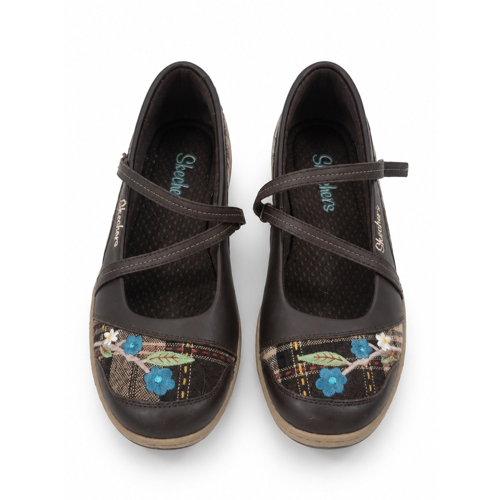 Y2K Retro Skechers Plaid Floral Owl Mary Jane Flats Brown Cross Strap Sz 8